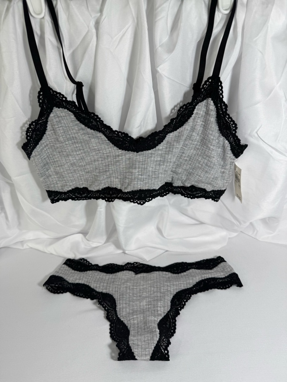 Aerie Gray Lace-Trim Bralette and Bikini thong Set - Black Lace Trim size XS